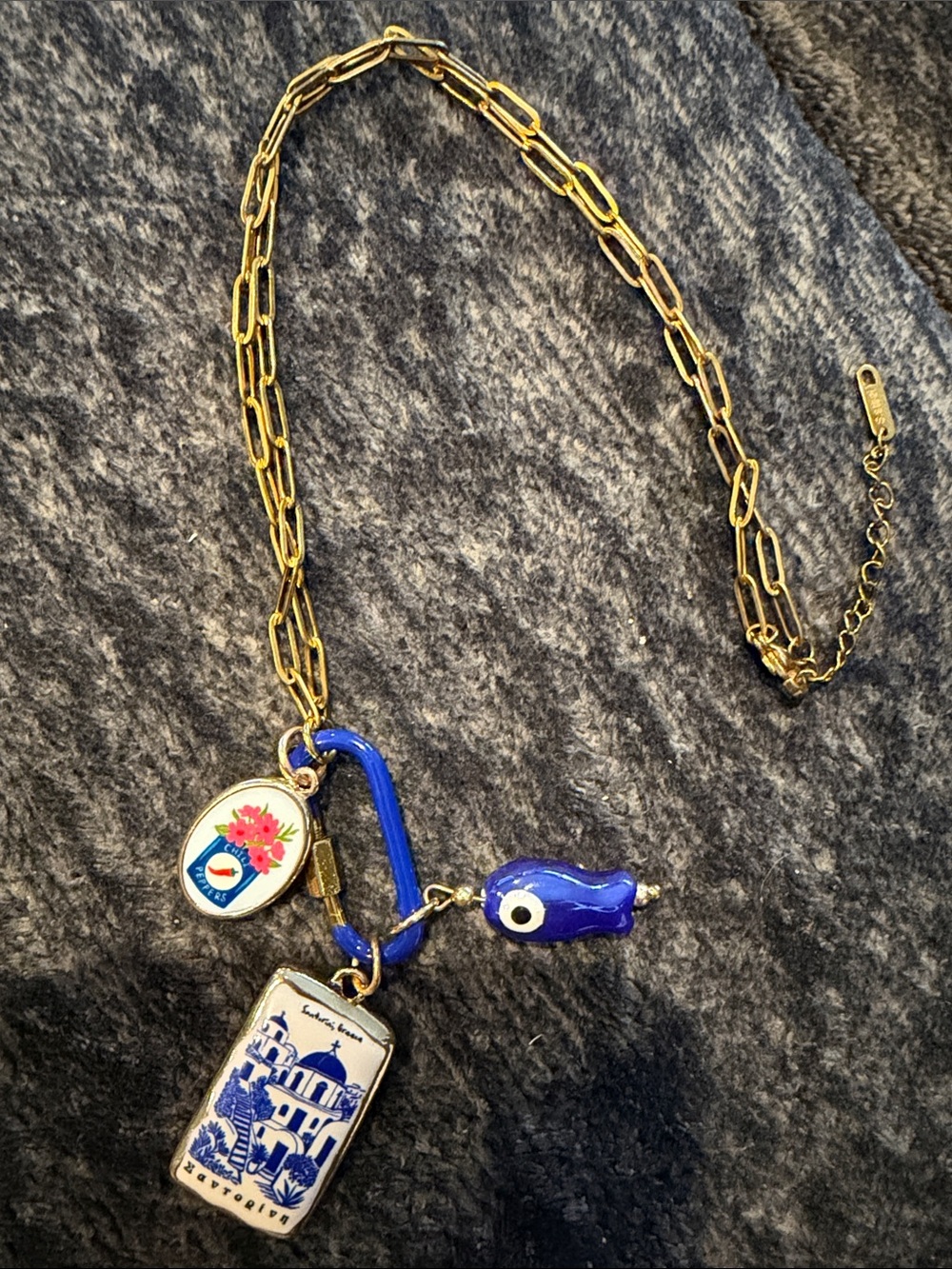 Gold Chain Necklace with Blue Charm Pendants by Unknown Brand